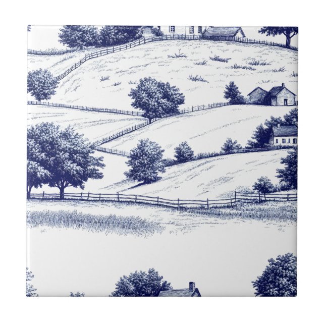 Timeless Blue Toile Pastoral French Landscape Ceramic Tile (Front)