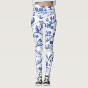 Timeless Blue Toile Pastoral French Landscape Leggings