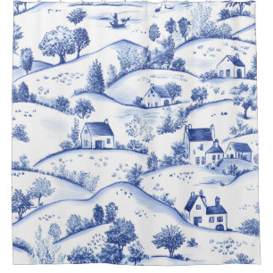 Timeless Blue Toile Pastoral French Landscape Shower Curtain
