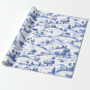 Timeless Blue Toile Pastoral French Landscape Wrapping Paper