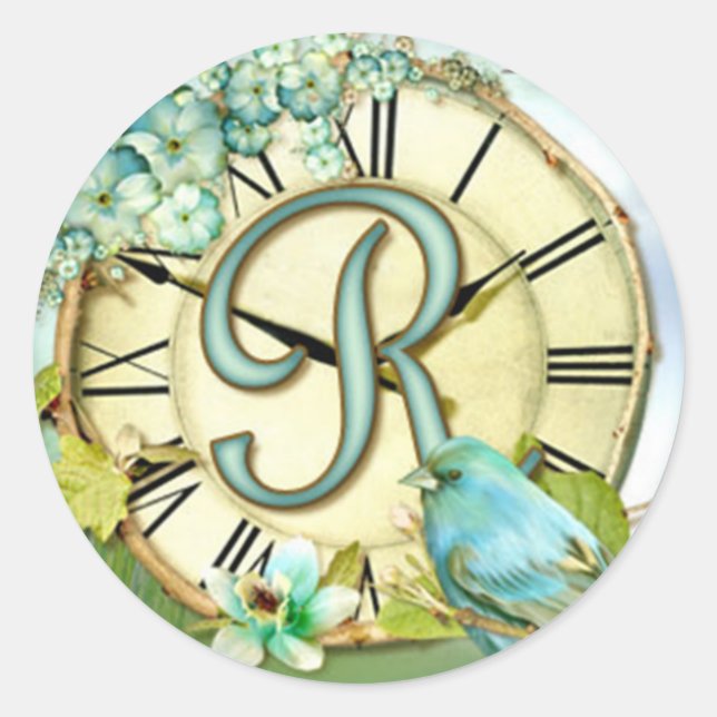timeless bluebird whimsy initial letter R Classic Round Sticker (Front)