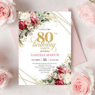 Timeless Blush Burgundy Greenery 80th Invite