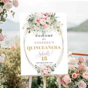 Timeless Blush Floral Gold Quinceañera Welcome Poster