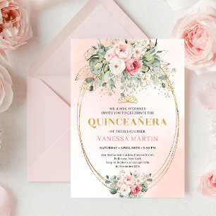 Timeless Blush Roses Eucalyptus Quinceañera Invite