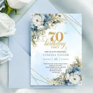 Timeless bohemian blue florals gold 70th birthday  invitation