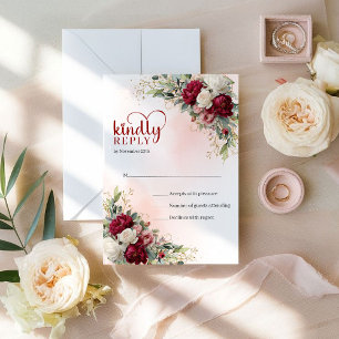 Timeless Bohemian Burgundy Gold Floral Wedding RSV RSVP Card