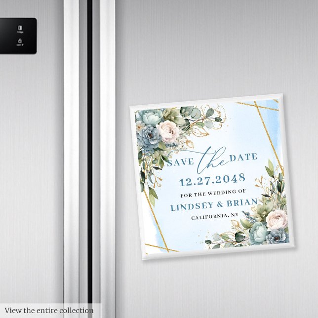 Timeless Boho Blue Floral Gold Frame Save The Date Magnet (Timeless Blue Floral Gold Frame Save The Date Magnet

)