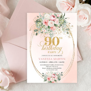 Timeless Boho Blush Roses Gold 90th Birthday Invitation