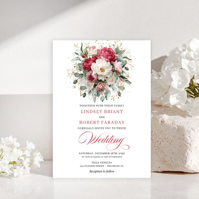 Timeless Boho Crimson Red Blush Gold Wedding Invit Invitation (Timeless Boho Crimson Red Blush Gold Wedding Invitation)