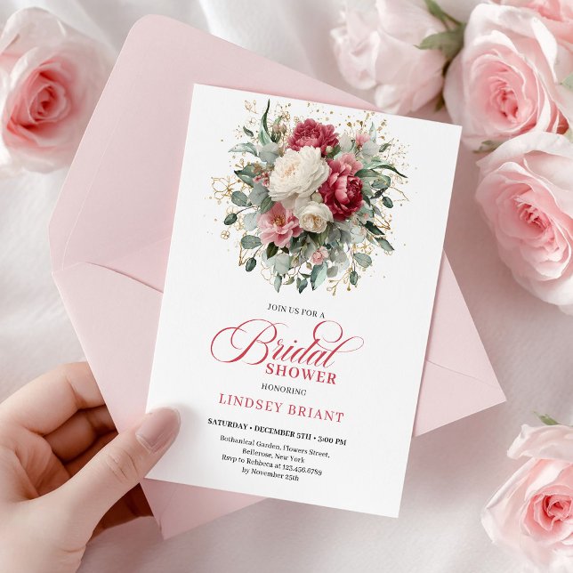 Timeless Boho Ruby Red Blush Gold Bridal Shower Invitation (Luxury Bohemian Crimson Red White Greenery Shower)