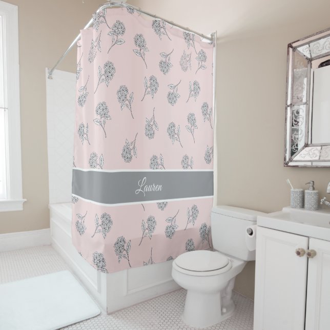 Timeless Botanical Bloom Soft Grey Monogram  Showe Shower Curtain (In Situ)