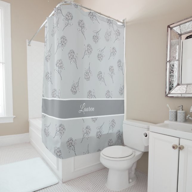 Timeless Botanical Bloom Soft Grey Monogram  Shower Curtain (In Situ)