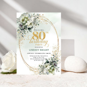 Timeless Botanical Gold 80th Birthday Invitation