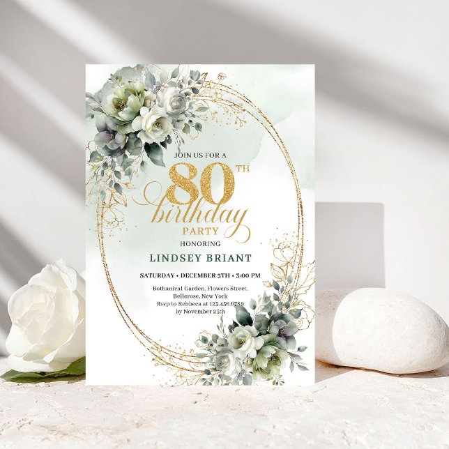 Timeless Botanical Gold 80th Birthday Invitation (Timeless Botanical Gold 80th Birthday Invitation)