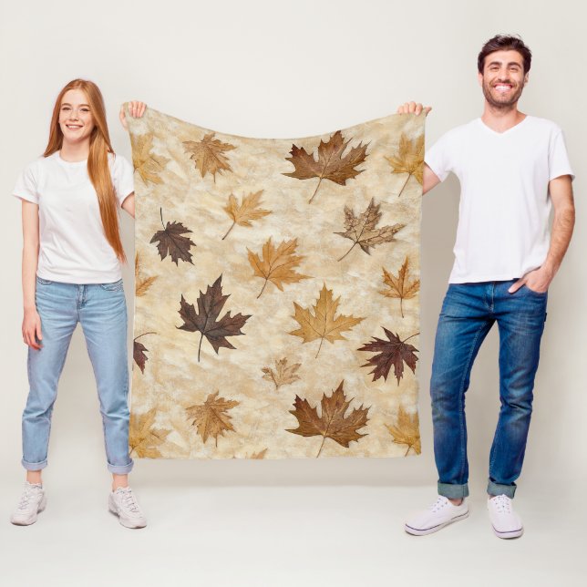 Timeless Botanical Harmony – Leaf in Warm Neutrals Fleece Blanket (In Situ)