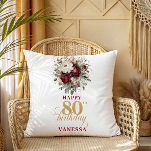 Timeless Burgundy Blush 80th Birthday Gift Cushion