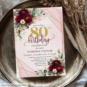 Timeless Burgundy Blush Gold Roses 80th Birthday   Invitation