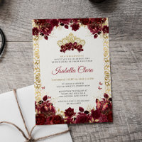 Timeless Burgundy Floral Gold Quinceanera