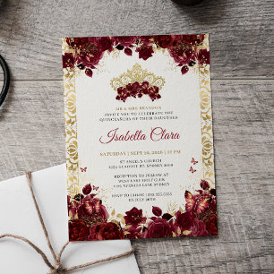 Timeless Burgundy Floral Gold Quinceanera Invitation