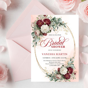 Timeless Burgundy Flowers with Gold Bridal Shower  Invitation