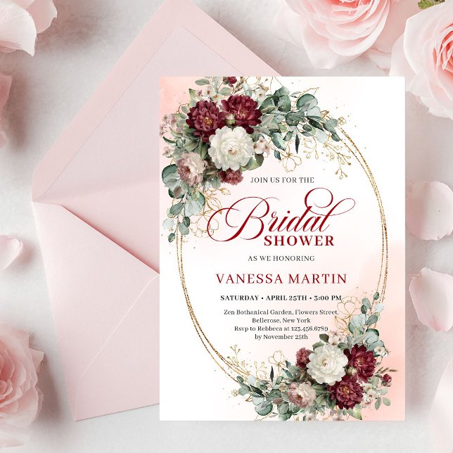 Timeless Burgundy Flowers with Gold Bridal Shower  Invitation (Timeless Burgundy Flowers with Gold Bridal Shower Invite)