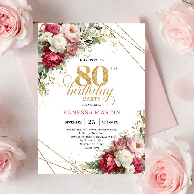 Timeless Burgundy Red Gold 80th Birthday Invite (Timeless Burgundy Red Gold 80th Birthday Invite)
