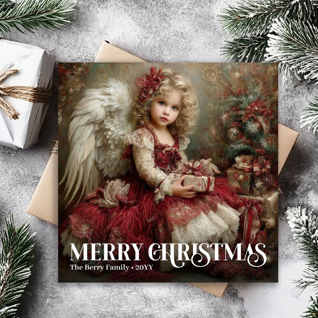 Timeless Burgundy Red Green Victorian Angel Xmas Holiday Card (Timeless Burgundy Red Green Victorian Angel Christmas)