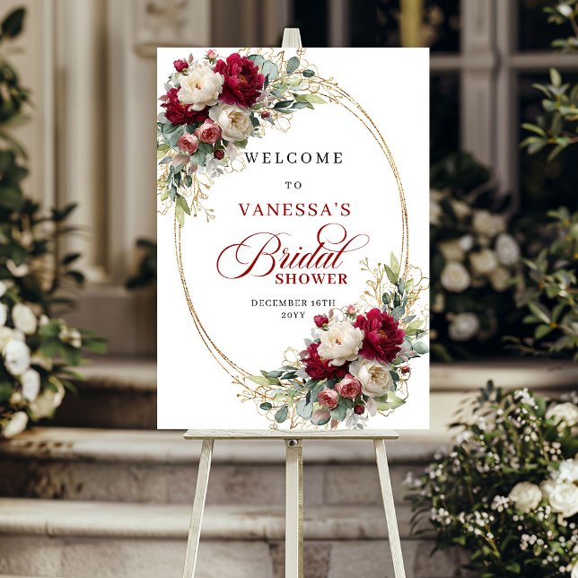 Timeless Burgundy White Floral Bridal Shower Welco Poster (Timeless Burgundy White Floral Bridal Shower Welcome)