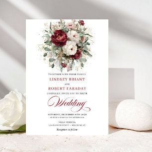 Timeless Burgundy White Floral Gold Wedding Invite