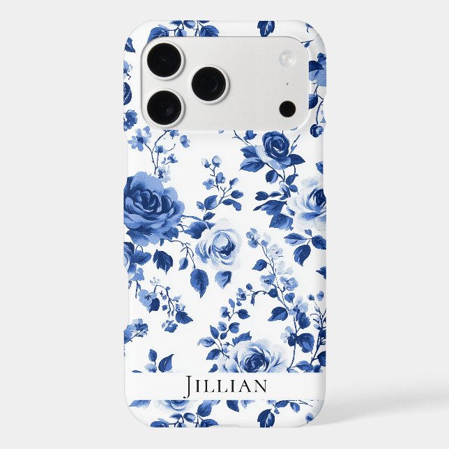 Timeless Charm: Blue Toile Rose iPhone Case (Back)