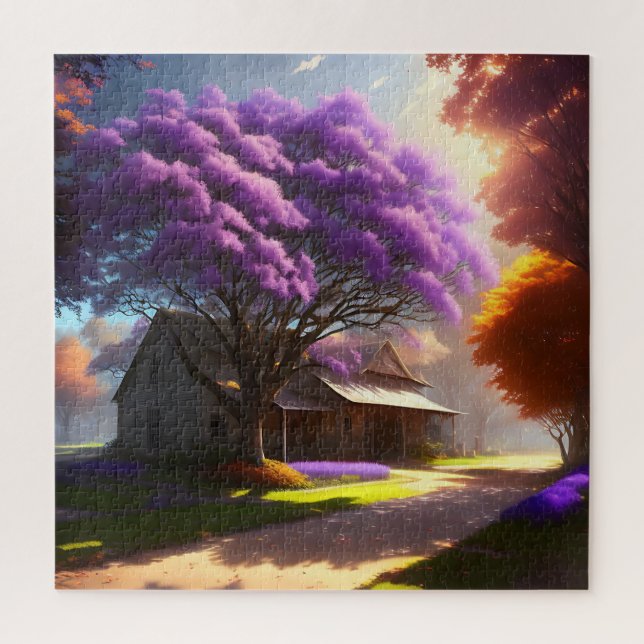 Timeless Charm: Rustic Farmhouse and Old Jacaranda Jigsaw Puzzle (Vertical)