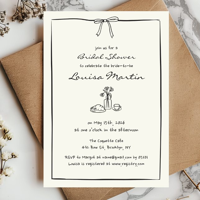 Timeless Chic Coquette Bow Bridal Shower Brunch  Invitation (Celebrate the bride with this stylish invitation featuring a bow and hand drawn bridal brunch scene!)
