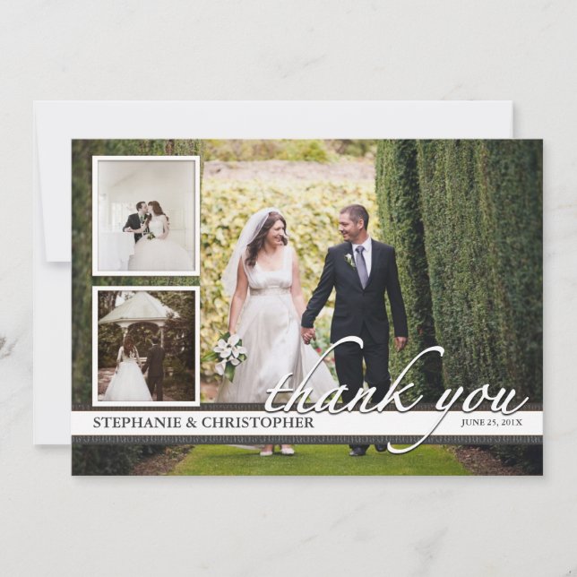 Timeless Chic Three Photo Wedding Thank You Card (Front)