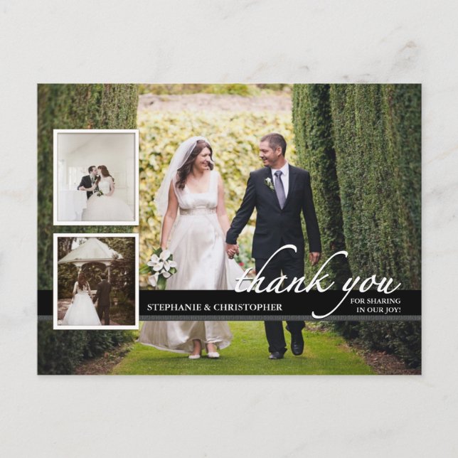 Timeless Chic Three Photo Wedding Thank You Postcard (Front)