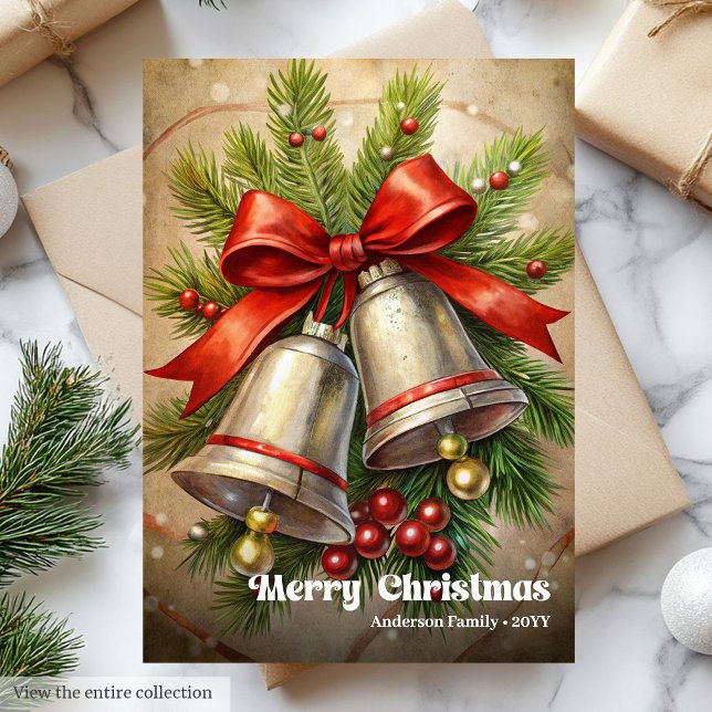 Timeless Christmas bells rustic pine wreath beauty Holiday Card (Timeless Christmas bells rustic pine wreath beauty)