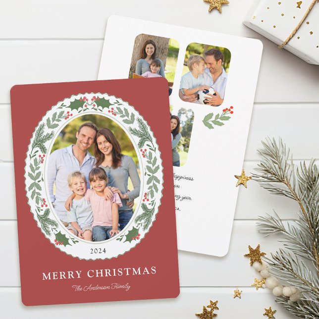 Timeless Christmas Greenery Message 4 Photo Holiday Card (Creator Uploaded)