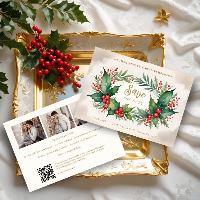Timeless Christmas Holly Branches 3 Photos Classic Save The Date (Timeless Christmas Holly Branches 3 Photos Classic Collage Wedding Save the Dates Cards. )