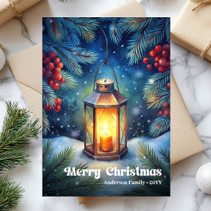 Timeless Christmas lantern rustic pine wreath Holiday Card