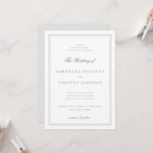 Timeless Classic Grey White Border Wedding Invitation (Front/Back In Situ)