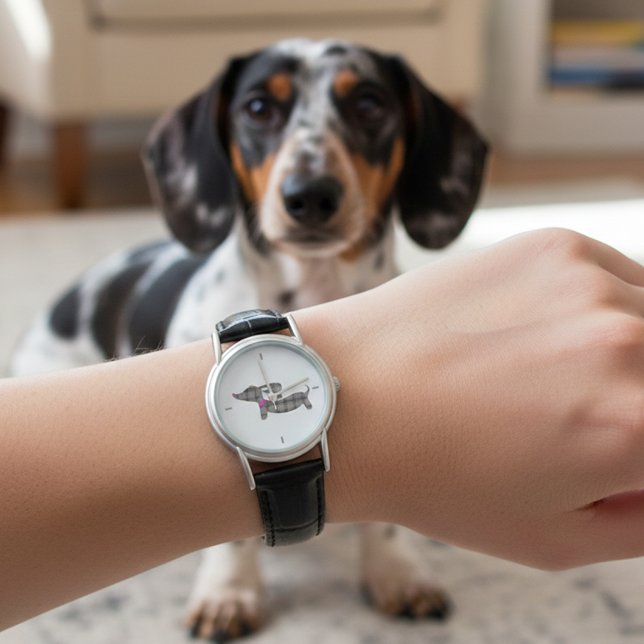 Timeless Dachshund Charm: Grey Plaid Leather Band  Watch (Plaid dachshund watch for wiener dog moms)
