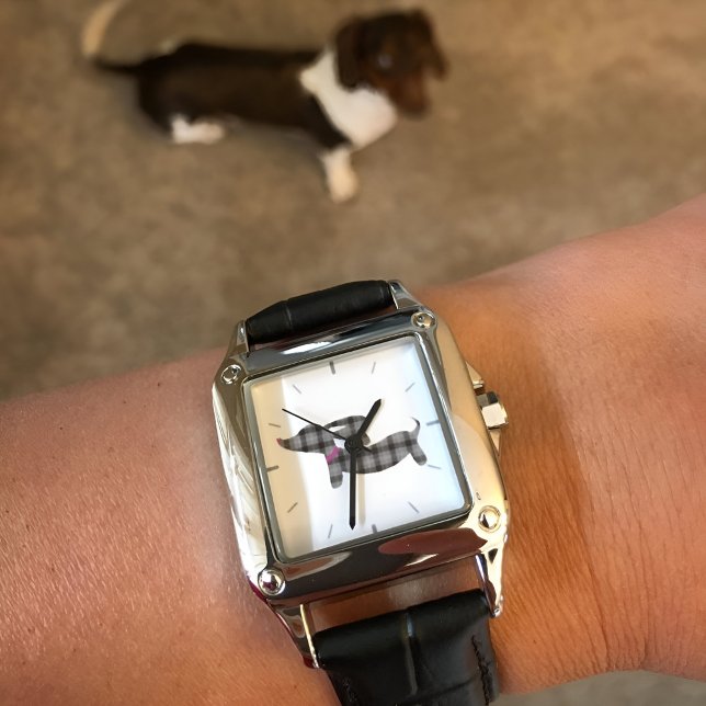 Timeless Dachshund Charm: Grey Plaid Leather Band  Watch (Plaid dachshund watch for wiener dog moms)