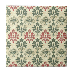 Timeless Damask Red Green Beige Vintage Look Ceramic Tile