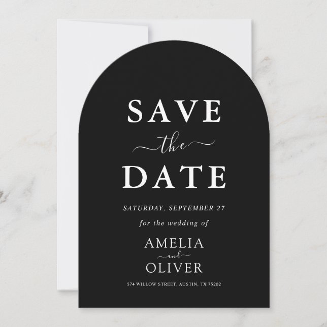 Timeless Dark Black Modern Minimalist Wedding Arch Save The Date (Front)