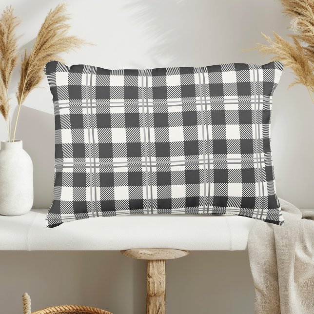 Timeless Dark Grey Off White Buffalo Plaid Decorative Cushion (Buffalo Plaid Dark Gray and Buttercream Plain Accent Pillow)