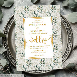 Timeless Deep Green Gold Foliage Wedding Invites