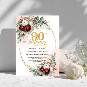 Timeless Deep Red Peonies Greenery 90th Birthday Invitation