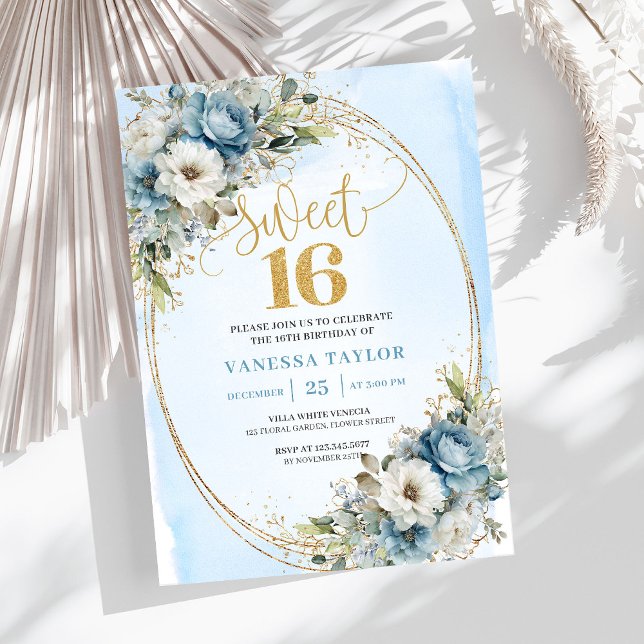 Timeless Dusty Blue Floral Gold Sweet Sixteen  Invitation (Timeless Dusty Blue Floral Gold Sweet Sixteen Invite)