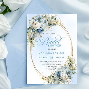 Timeless Dusty Blue Floral Script Bridal Shower  Invitation