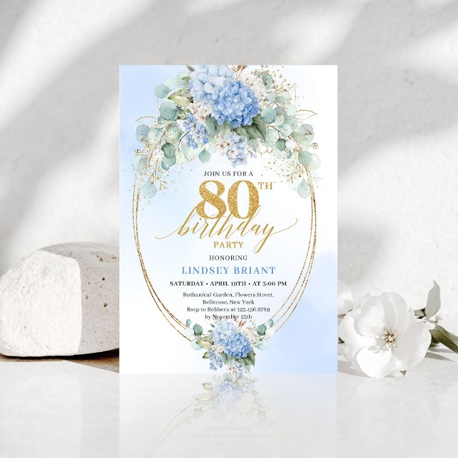 Timeless Dusty Blue Gold 80th Birthday Invite (Timeless Dusty Blue Gold 80th Birthday Invite)