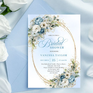 Timeless Dusty Blue Greenery Gold Bridal Shower   Invitation